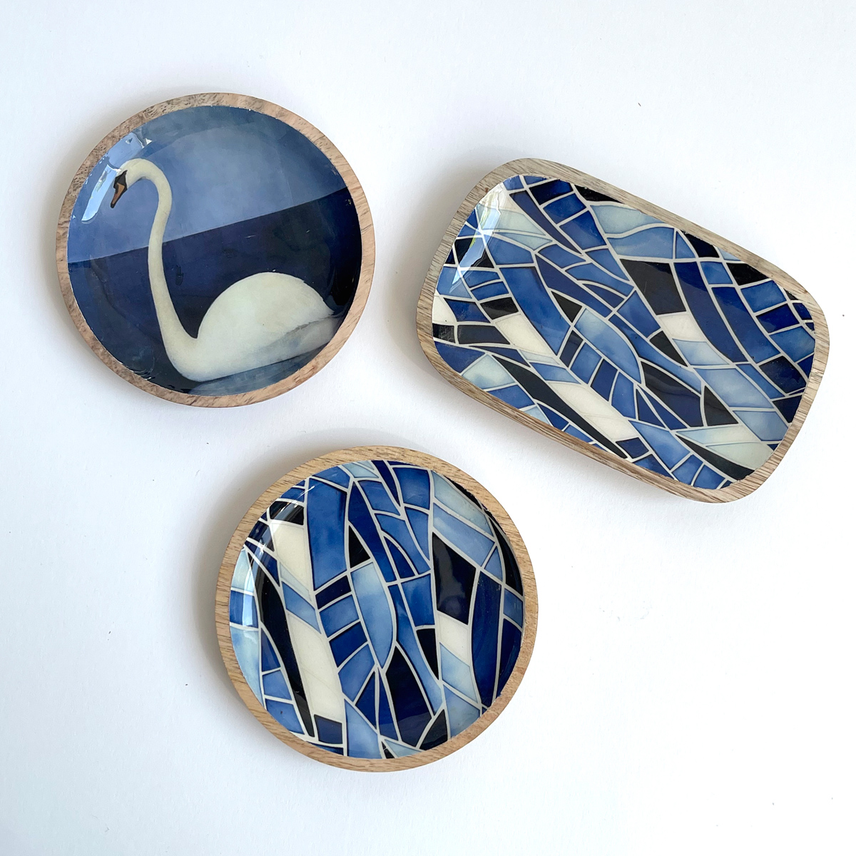 Creative Co-Op Enameled Blue Mango Wood Dishes, Set of Three