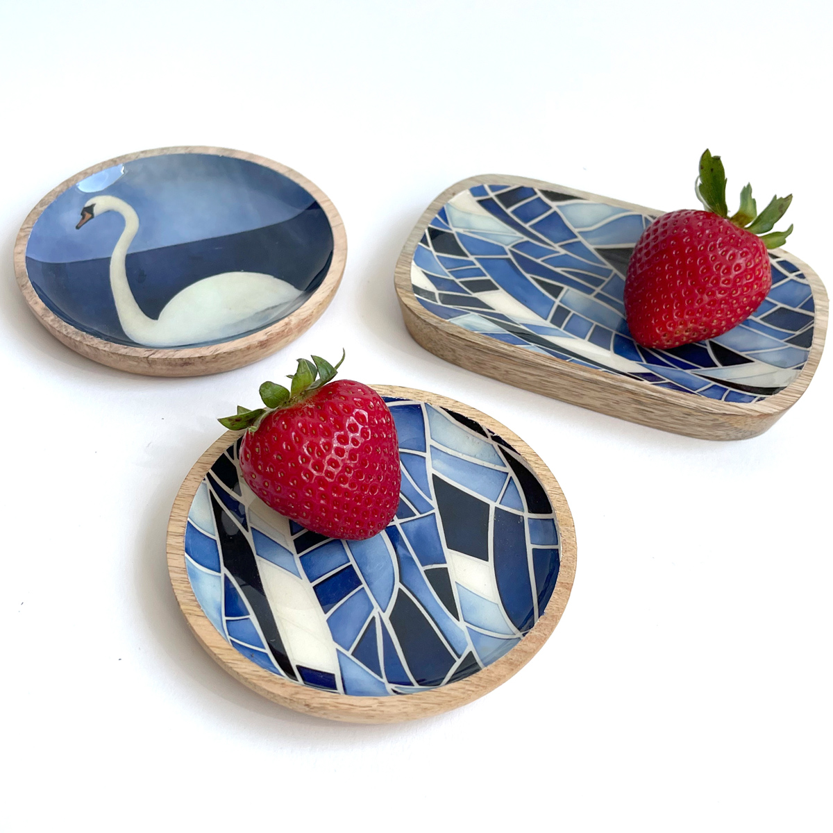 Creative Co-Op Enameled Blue Mango Wood Dishes, Set of Three