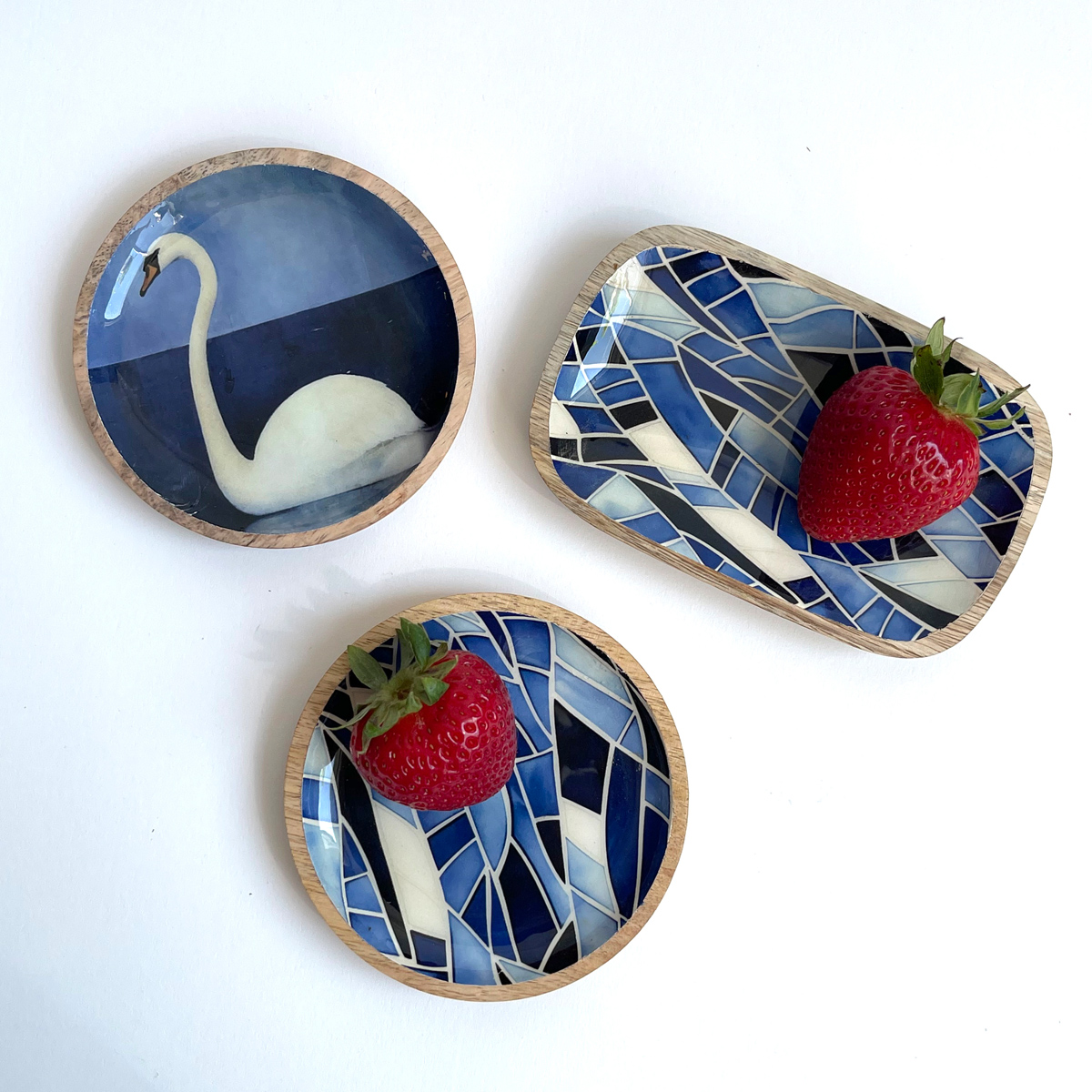 Creative Co-Op Enameled Blue Mango Wood Dishes, Set of Three