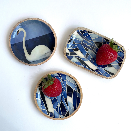 Creative Co-Op Enameled Blue Mango Wood Dishes, Set of Three