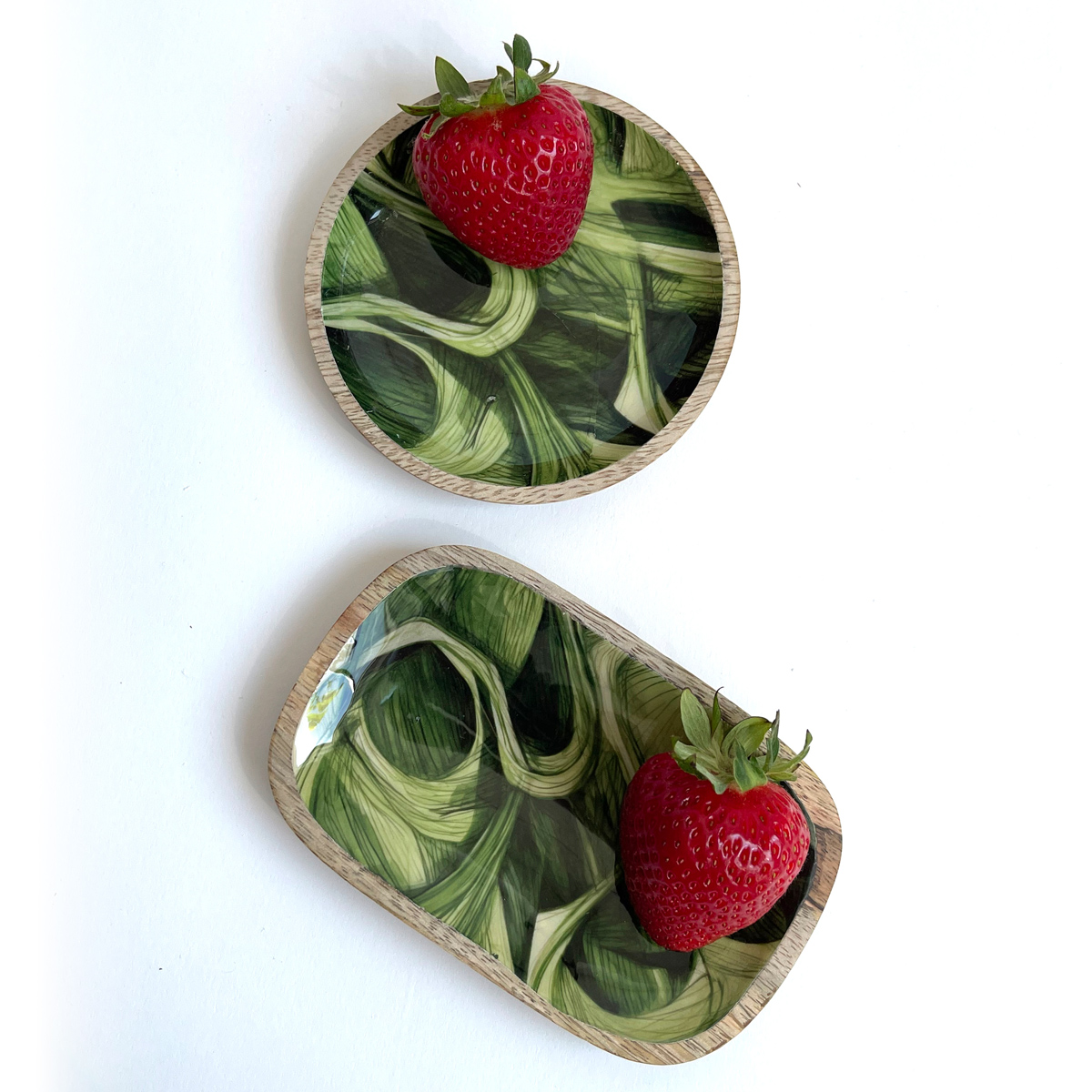 Creative Co-Op Enameled Green Mango Wood Dishes, Set of Two