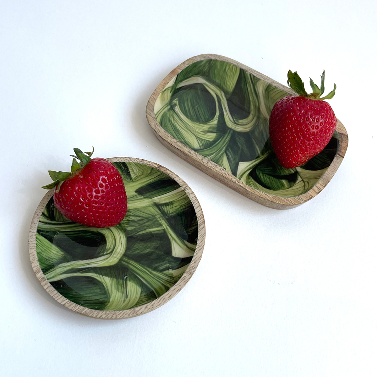 Creative Co-Op Enameled Green Mango Wood Dishes, Set of Two