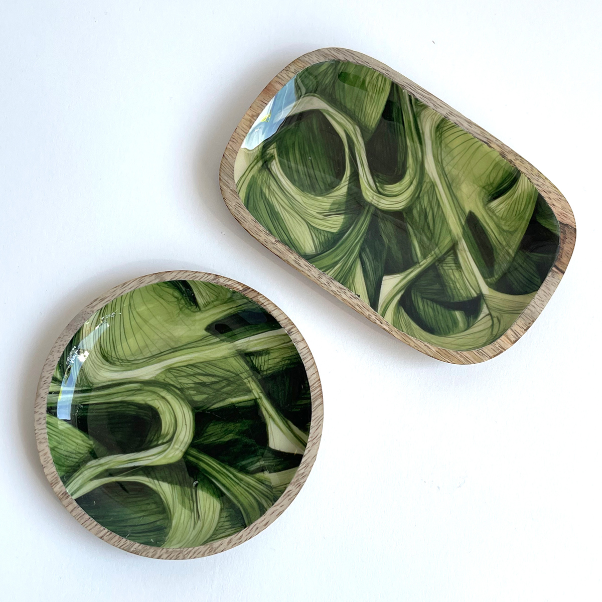 Creative Co-Op Enameled Green Mango Wood Dishes, Set of Two
