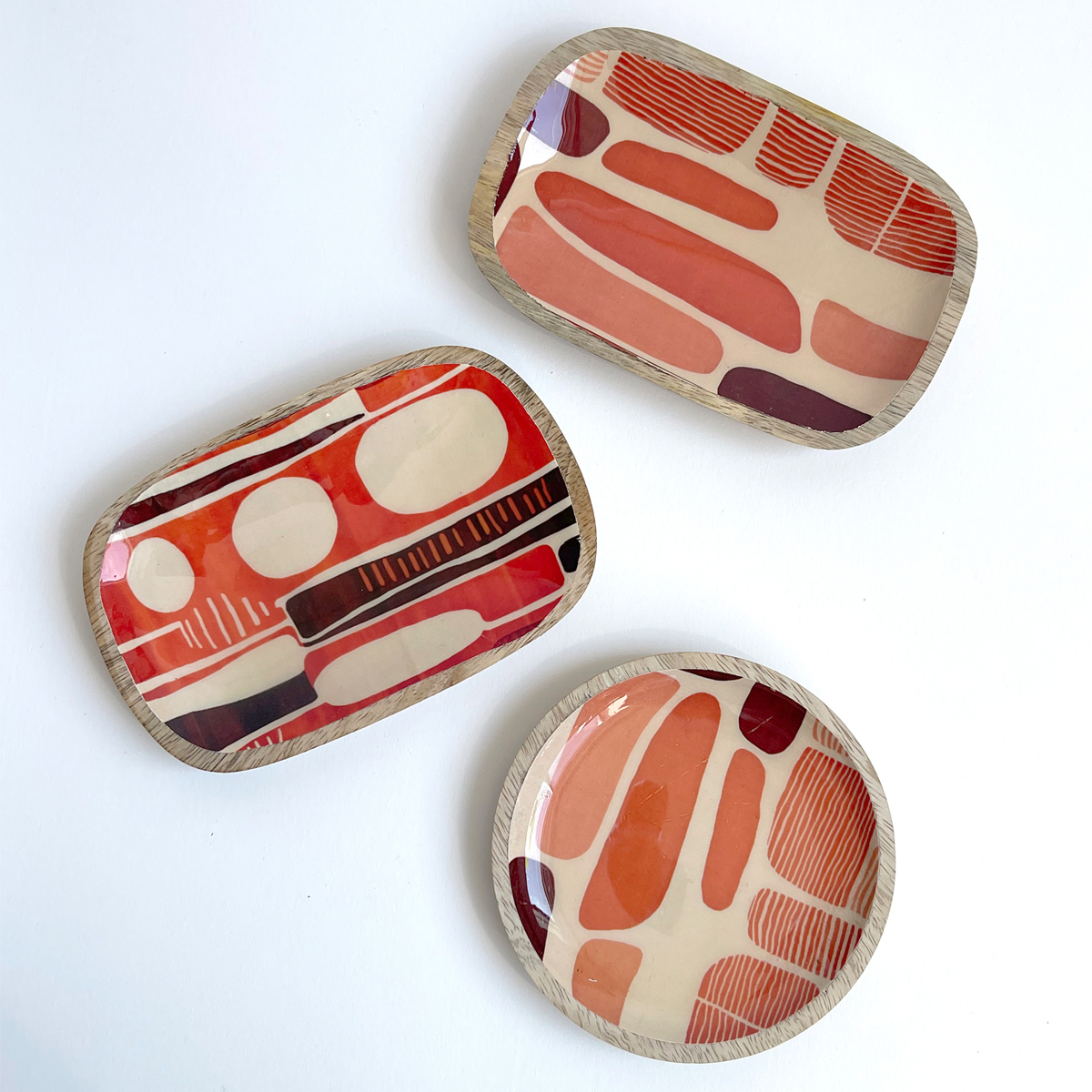 Creative Co-Op Enameled Orange Mango Wood Dishes,  Set of Three