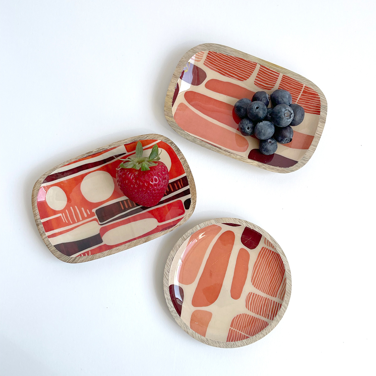 Creative Co-Op Enameled Orange Mango Wood Dishes,  Set of Three