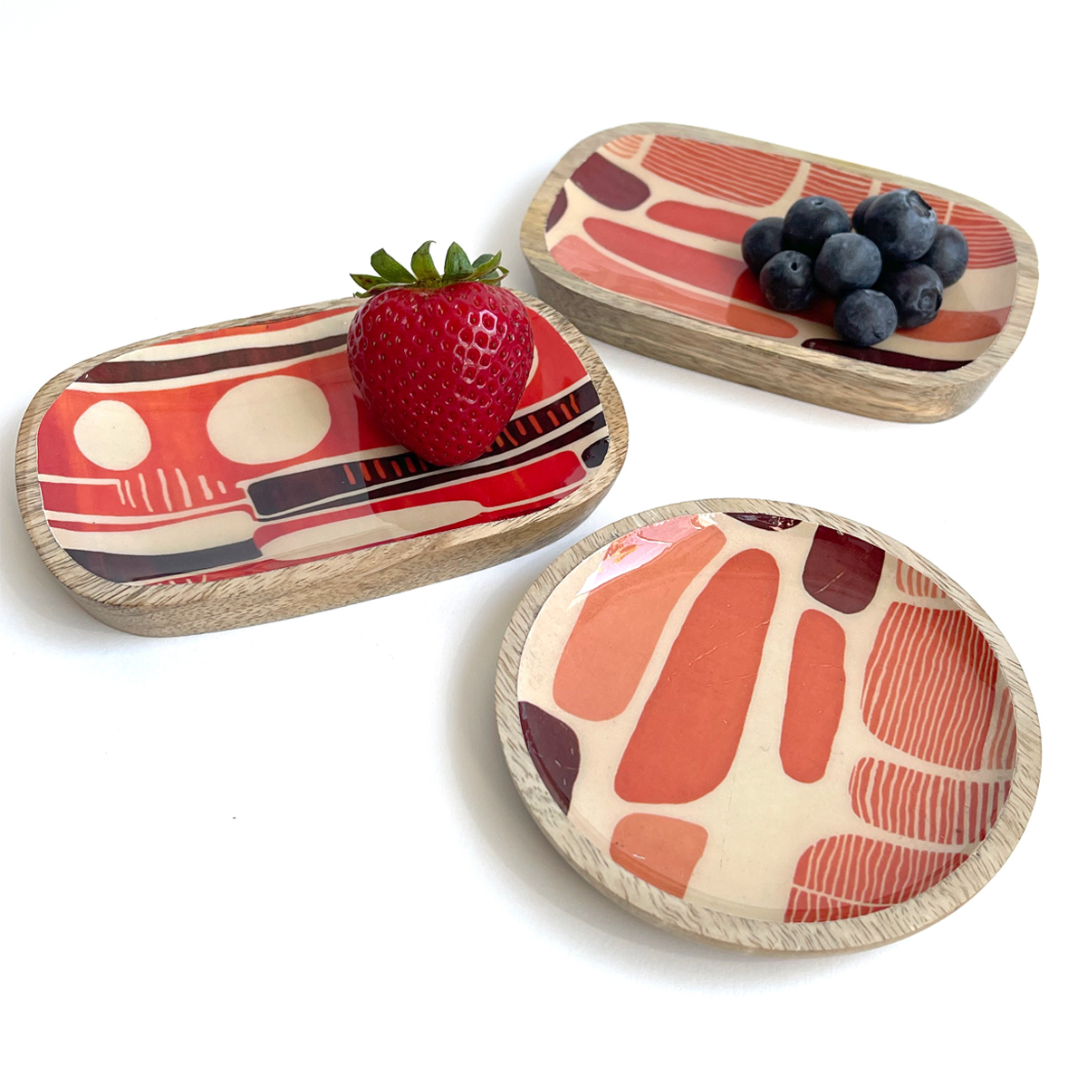 Creative Co-Op Enameled Orange Mango Wood Dishes,  Set of Three
